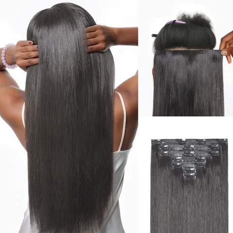 Silky Straight 0.59mm invisible clip-in hair extensions, seamless blend, lightweight for daily styling, 100g, 7pcs or 6pcs