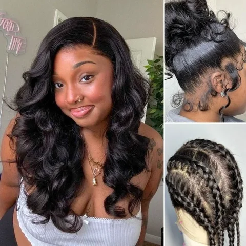 full lace wig with natural black body wave hair, half up half down style, free parting, and pre-cut lace on invisible drawstring cap