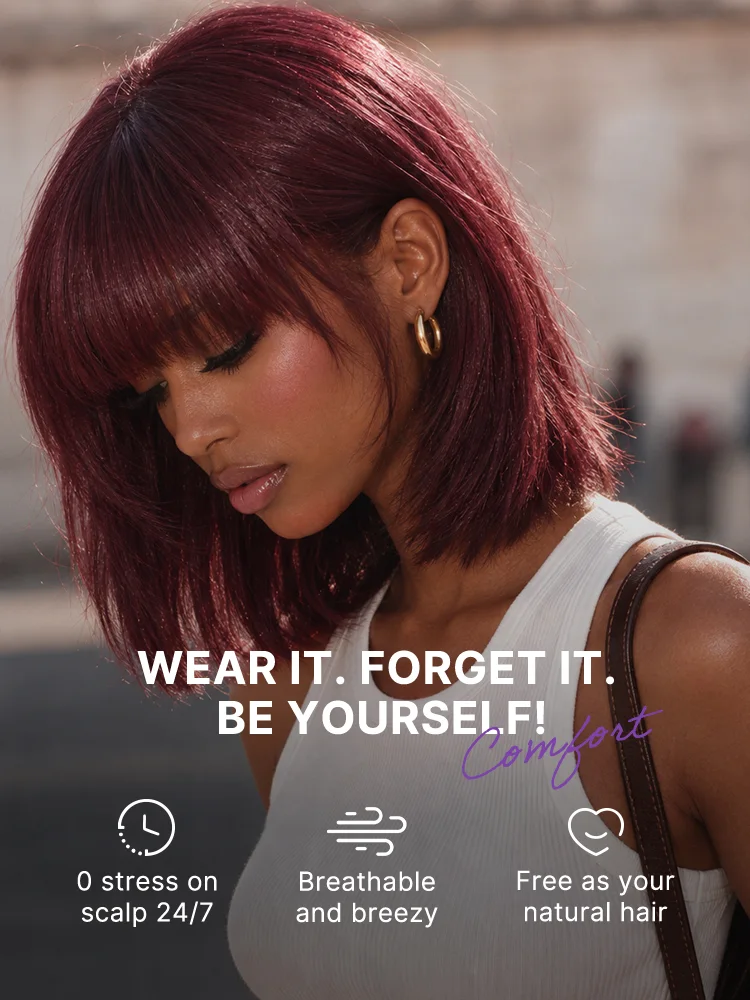Put On and Go Reddish Purple Layered Cut Yaki Straight Minimalist Lace Bob Wig with Bangs All-Day Comfort Cap