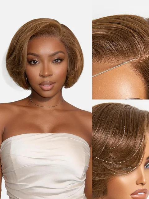 Chestnut brown minimalist HD lace short pixie wig with bangs from , showcasing a sleek, glueless hairstyle with natural texture.