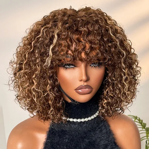 Ash blonde curly lace wig with water wave style, bangs, and minimal lace, designed for beginners, by .