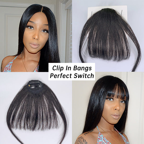 100% real human hair clip-in bangs extension, natural black color, showing the sleek, straight hair strands with clip attachments.