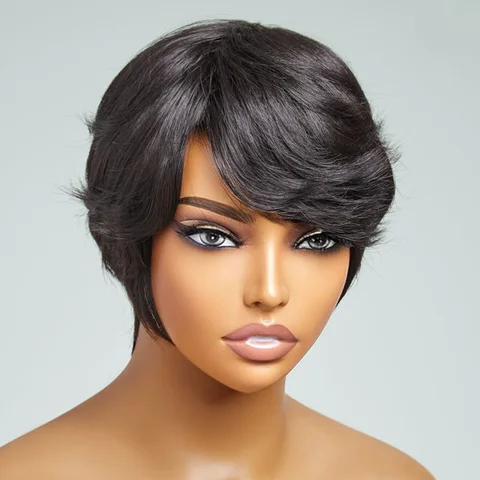 Clean & Neat Mature Boss style glueless short wig with bangs, 100% human hair, styled for a professional look.