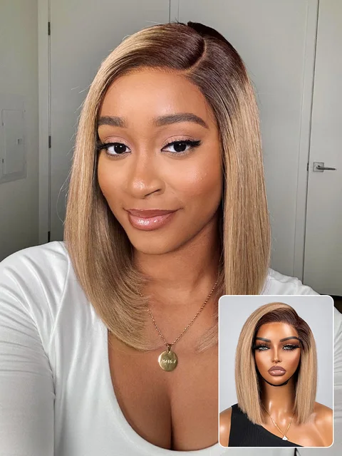 Ash Blonde Ombre Blunt Cut Bob Glueless Minimalist HD Lace Short Bob Wig Ready to Go Pre-Cut Lace-23
