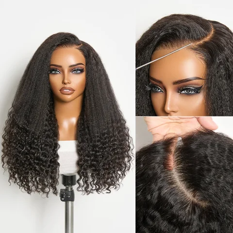 All-Day Comfort Wig with natural black kinky straight to curly hair, 7x6 HD lace closure, glueless, pre-cut lace.