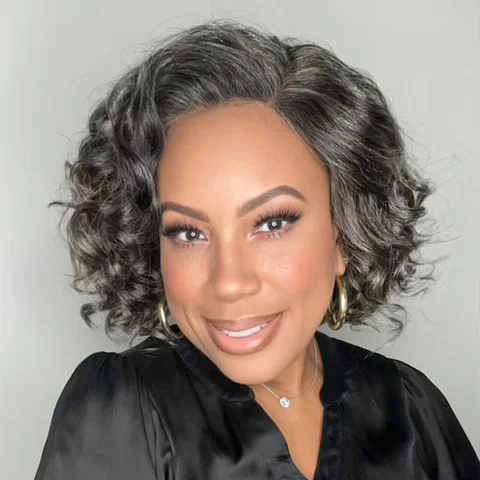 Elegant grey loose body wave wig by featuring a glueless, minimalist short lace design and pre-cut lace for easy wear.
