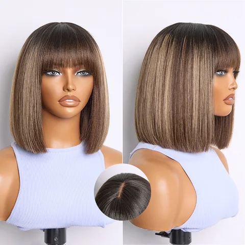honey blonde highlight yaki blunt cut bob wig with bangs, minimalist lace closure, beginner-friendly and glueless style.