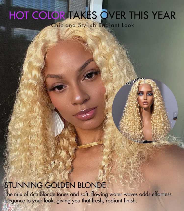 Golden Blonde 613 Water Wave Glueless 5x5 Closure Invisible HD Lace Long Blonde Curly Wig 100% Human Hair-01