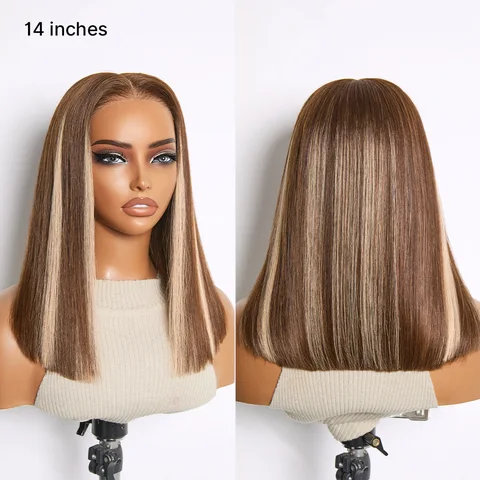 Ash blonde highlight lace bob wig by with pre-cut lace, glueless 5x5 HD closure, and adjustable drawstring cap.