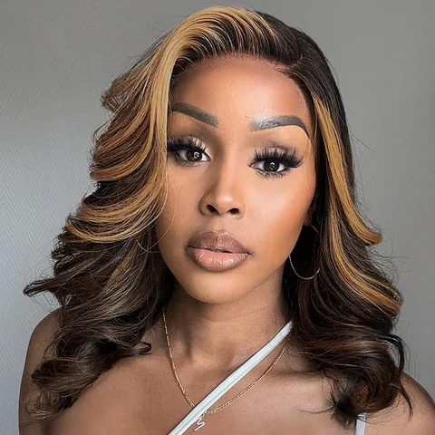brown blonde combo highlight 5x5 closure wig with loose wave, HD lace, glueless, natural hairline, and parting space.