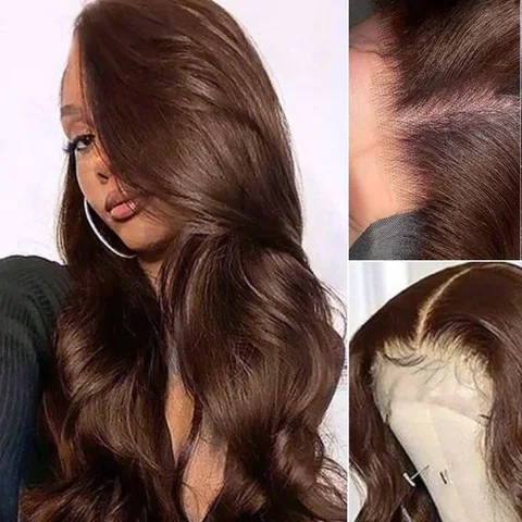 chestnut brown loose wave 5x5 closure lace glueless long wig with natural human hair and middle part.