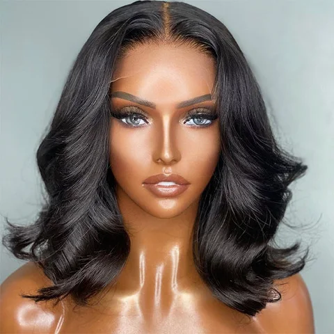 5x5 closure wig with natural black loose wave human hair, glueless lace, and short style in large and small cap sizes.