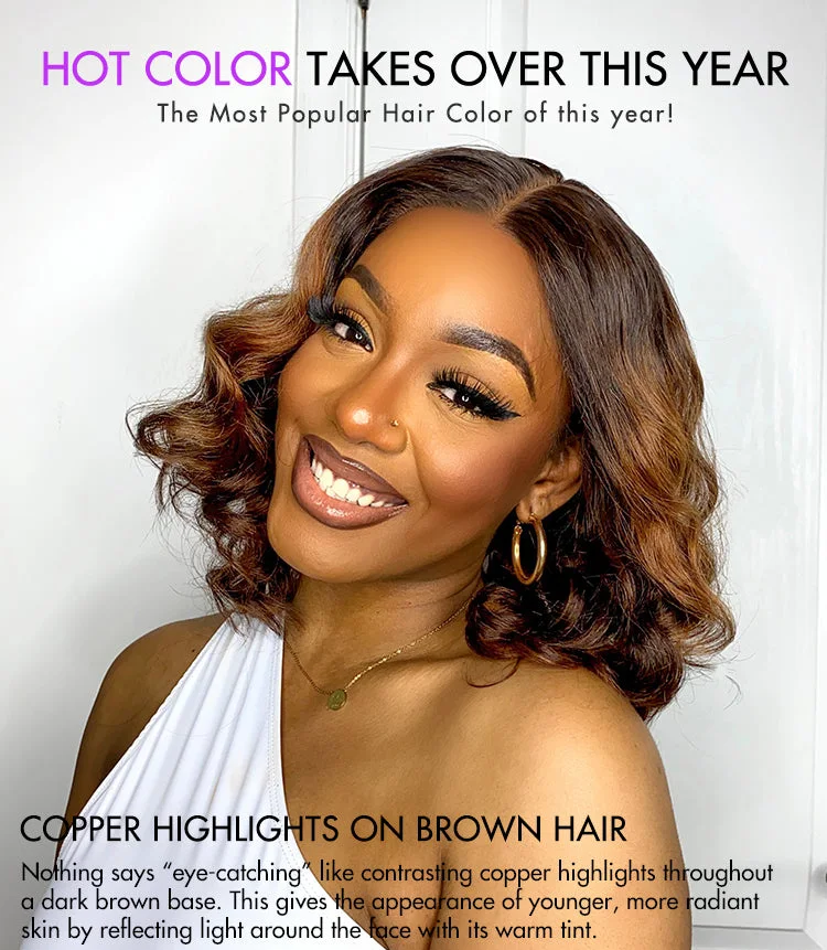 Elegant Brown Ombre Loose Wave Minimalist HD Lace Glueless Short Wig 100% Human Hair Pre-Cut Lace-14