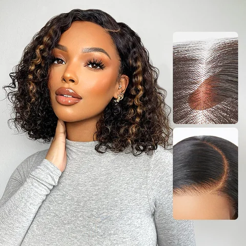 Blonde highlight short curly glueless minimalist HD lace human hair wig by , showcasing natural curls and lace detail.