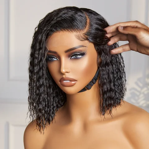 Boho-Chic Super Bob bohemian curly lace wig with C part, short length, human hair, glueless design, natural minimal style