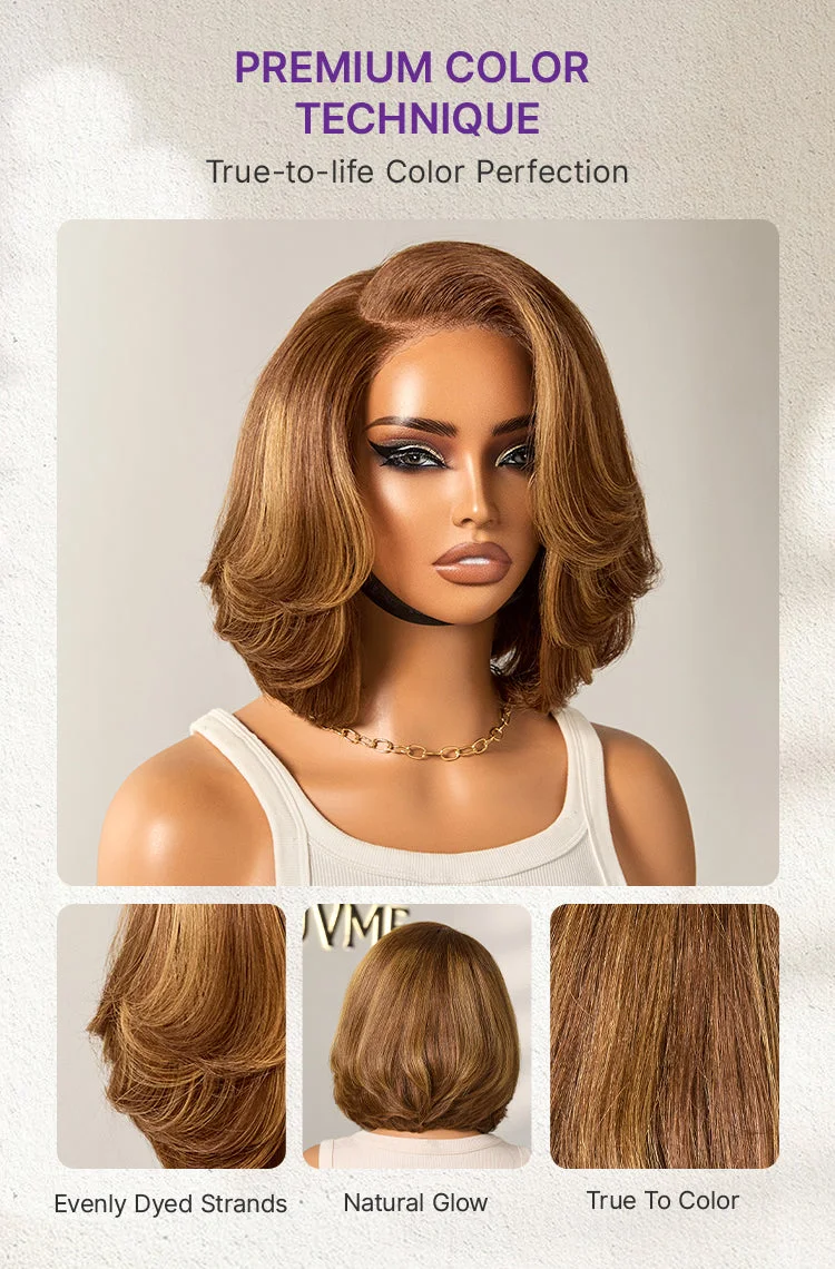 -Limited Design | Toffee Brown Mix Blonde / Natural Black Layered Cut Glueless 5x5 Closure Lace Bob Wig-18