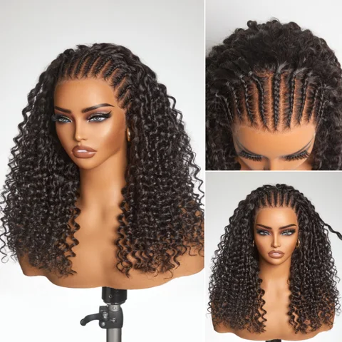 Readitress™ Knotless Fulani Braids Deep Wave HD Lace Wig with 13x4 frontal, human hair, glueless ear-to-ear style