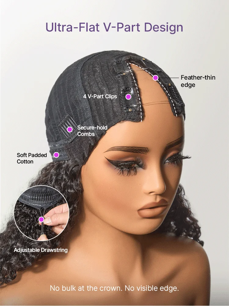 New Customers Only | True Scalp V Part 180% Density Burmese Curly Finger Coil Ends Glueless Human Hair Wig with Flexi-Fit Drawstring-15