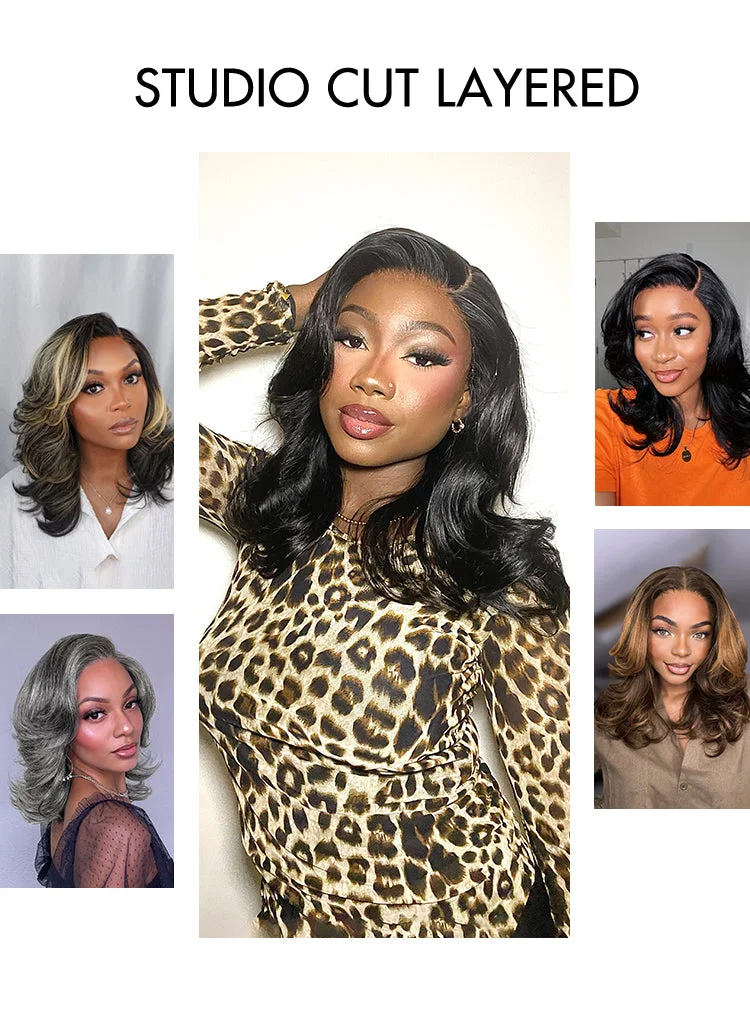 Special Deal | Brown Highlight Middle Part Effortlessly Chic Layered Haircut Wavy Glueless HD Minimalist Lace Short Wig-07