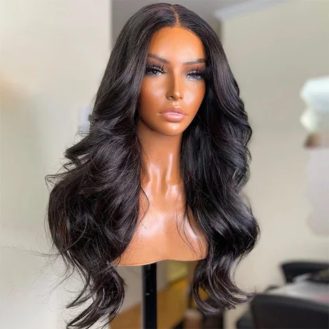 natural black 4x4 closure lace glueless long wig with body wave 100% human hair, showing the wig's lace closure and wave pattern.