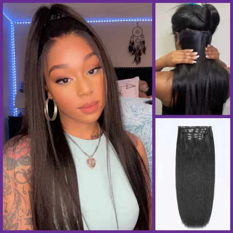 Ultra Natural Seamless Yaki Straight clip-in extensions with 7 or 9 pieces, real human hair, in a natural straight style