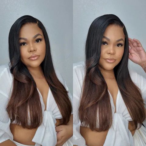 ombre brown butterfly cut layered straight lace closure wig with HD lace and pre-cut 7x6 closure, glueless style