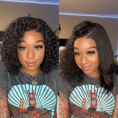 VIP ONLY water wave 4x4 lace closure short wig with glueless side part and wet and wavy hairstyle, natural hair texture.