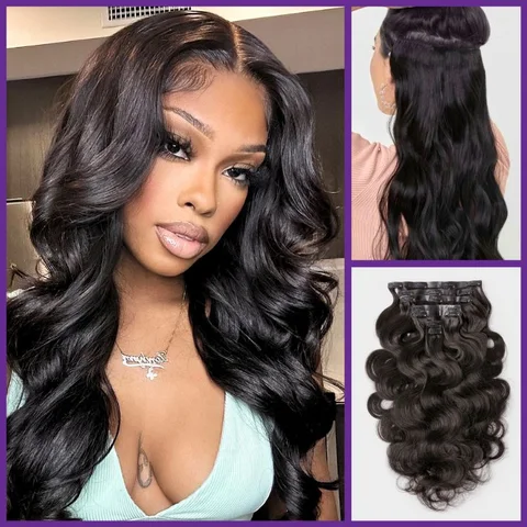 soft body wave seamless clip-in extensions made of real human hair, 9 or 7 pieces with free gift in 135g.