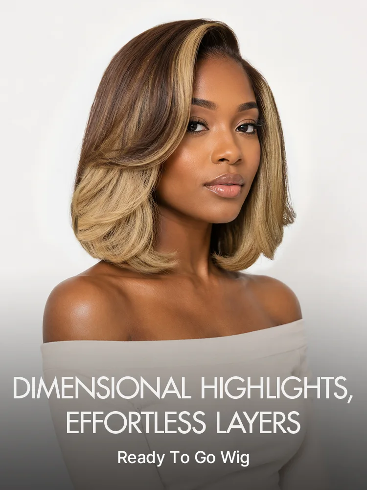 New Customers Only | Honey Blonde Face-Framing Highlights Blow Out Layered Cut Glueless 5x5 Closure Lace Bob Wig Pre-cut Lace
