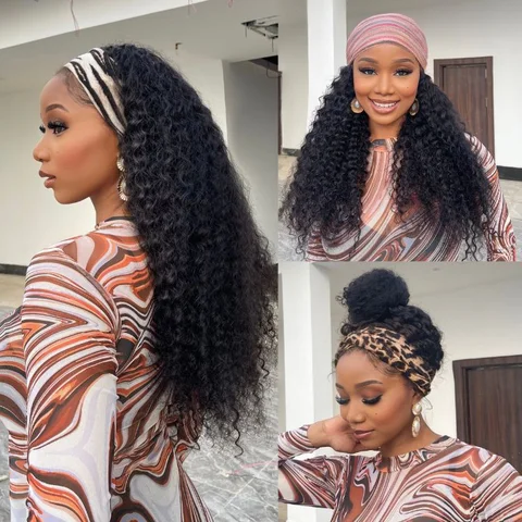 Special Deal | Throw On & Go Natural Black / Blonde Highlight Deep Wave No Lace Glueless Long Headband Wig (Get Free Trendy Headbands)-01