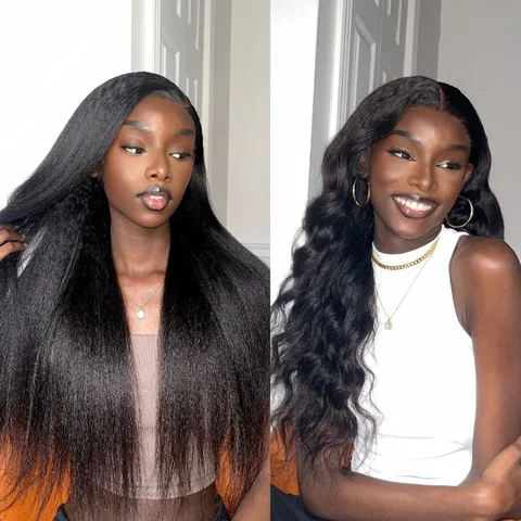 natural kinky straight 5x5 closure wig with HD lace, long 100% human hair, showcasing the wig's texture and lace detail.