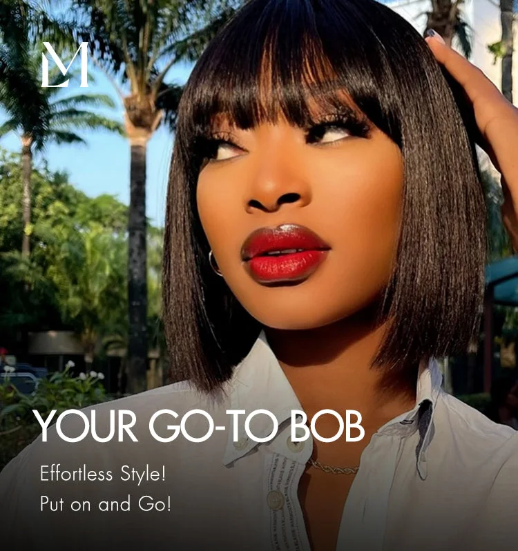 Weekly Special | Put On and Go Realistic Glueless Yaki Straight Bob with Bangs Minimalist Lace Wig 100% Human Hair-01