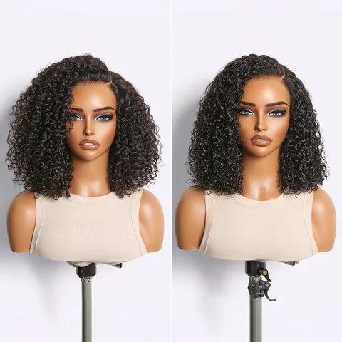 kinky curly 7x6 HD lace closure wig with glueless cap, pre-cut lace, and flexible drawstring for natural parting.