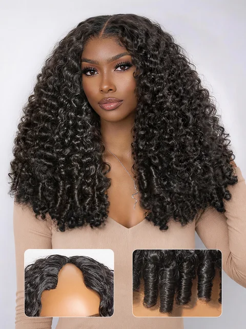 Burmese curly human hair wig with V part, 180% density, finger coil ends, glueless design, flexi-fit drawstring.