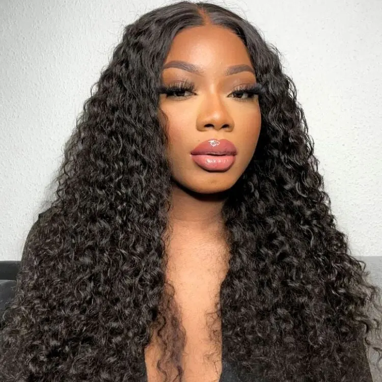 deep wave 4x4 closure lace wig with long curly 100% human hair, glueless, mid-part style in natural black color.