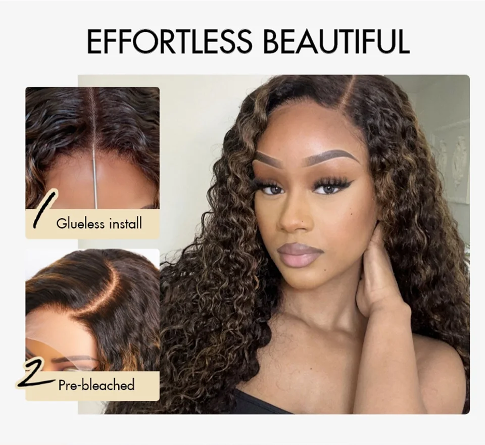 Brown Highlights Funmi Curly Glueless 5x5 Closure Lace Long Curly Wig Beginner Friendly- US Only-10