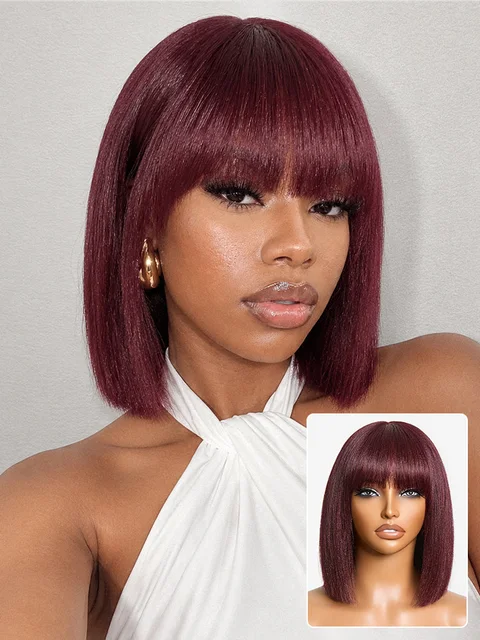 Reddish Purple Realistic Glueless Yaki Straight Bob with Bangs Minimalist Lace Bob Wig All-Day Comfort Cap-34