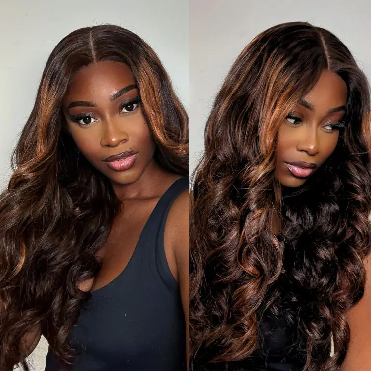 5x5 closure wig with loose body wave, elegant copper ombre highlights, breathable cap, and 180% density.