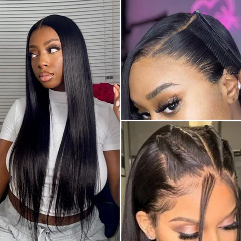 180% density glueless 13x4 frontal lace long wig with 100% human hair, showcasing the wig’s lace front and volume.