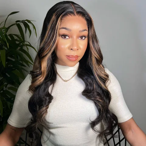 Blonde and black loose wave HD lace wig with 5x5 closure, pre-cut lace, by , showcasing the wig's texture and lace detailing.