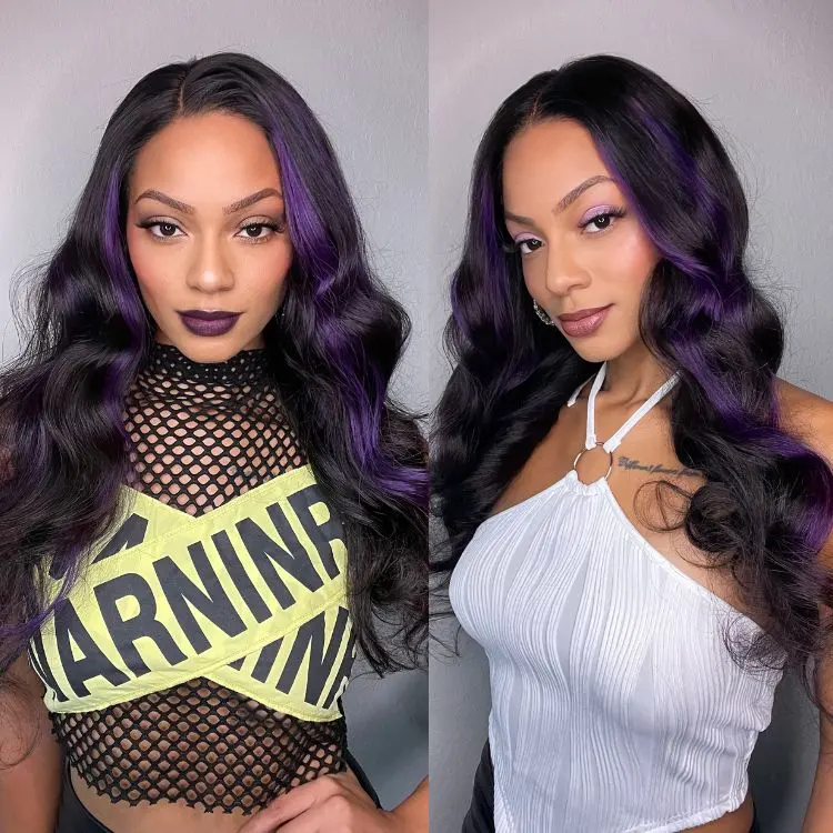 purple highlights mid-part loose wave 5x5 closure HD lace wig, showcasing natural waves and vibrant color details.