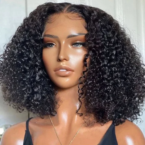 Kinky Curly Black 5x5 Closure HD Lace Wig with natural hair texture, available in large and small cap sizes.
