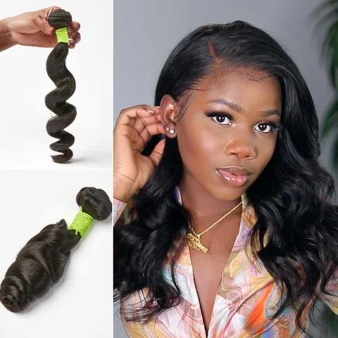 100% human hair loose wave bundle, showcasing soft, natural curls and shiny texture for versatile styling.