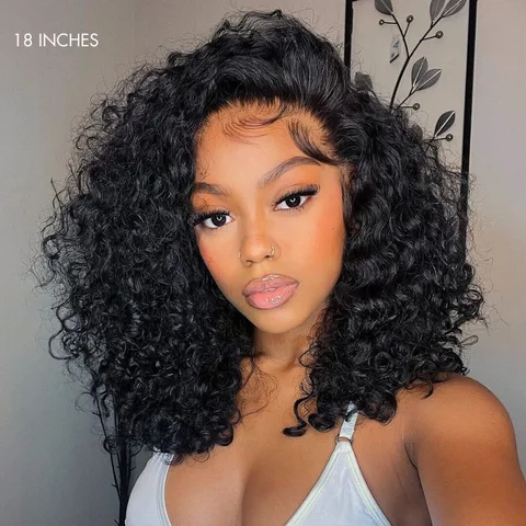 18-inch curly lace front wig with face-framing style, human hair, glueless, ear-to-ear wide T lace, 180% density.