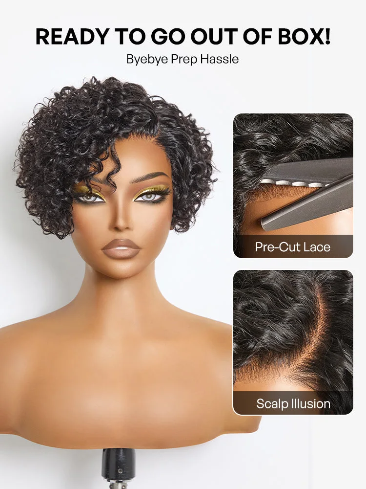 Natural Black / Brown Highlight Water Wave Pixie Cut Glueless Minimalist HD Lace Short Curly Wig-81