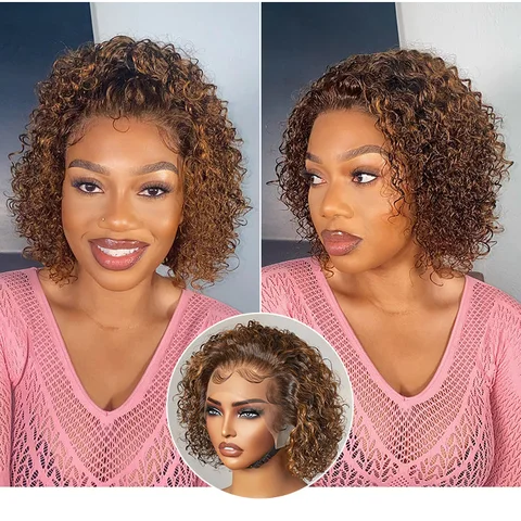 short curly lace wig in brown highlight and jet black, slicked back ear-to-ear wide T lace style