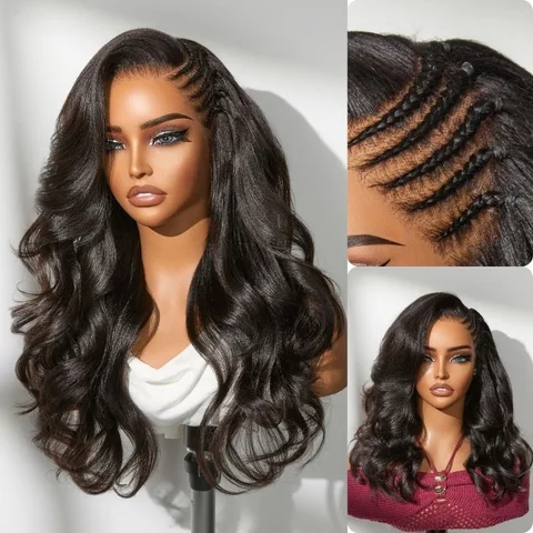 Readitress™ side braided Yaki body wave HD lace wig with 13x6 frontal, glueless ear-to-ear design, flexible drawstring cap