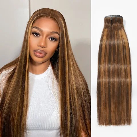 seamless brown highlights silky straight clip-in hair extensions, 7 or 9 pieces, with free gift included.