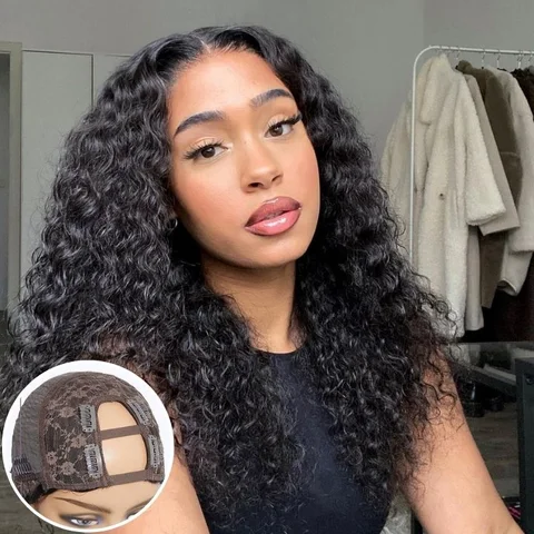 Deep wave U part human hair wig by , showcasing the natural deep wave texture and realistic hairline.