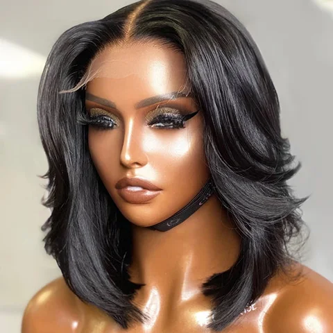 Natural black handcraft layered 5x5 closure HD lace glueless short wig by , showcasing the wig's texture and lace detail.